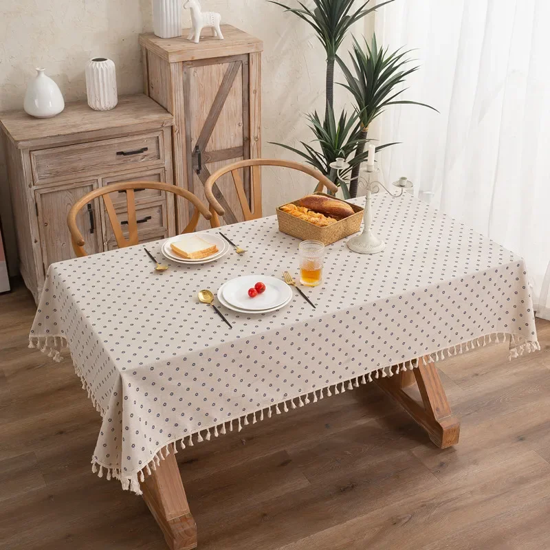 Retro Small Flowers Rectangle Tablecloths Tassel Polyester Cotton Printed Table Covers for Living Room Kitchen Dining Decoration