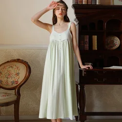 Women Summer Sexy Spaghetti Strap Cotton Nightdress Princess Vintage Long Nightgown Loose Design Sleeveless Mid-Calf Nightie New