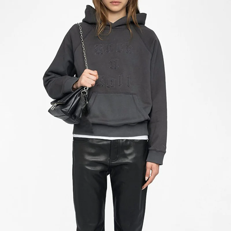 المرأة رمادي داكن هوديس الصوف القطن البلوفرات الإناث رسالة أجنحة مطرزة مقنعين البلوز سيدة طويلة الأكمام البلوز القمم