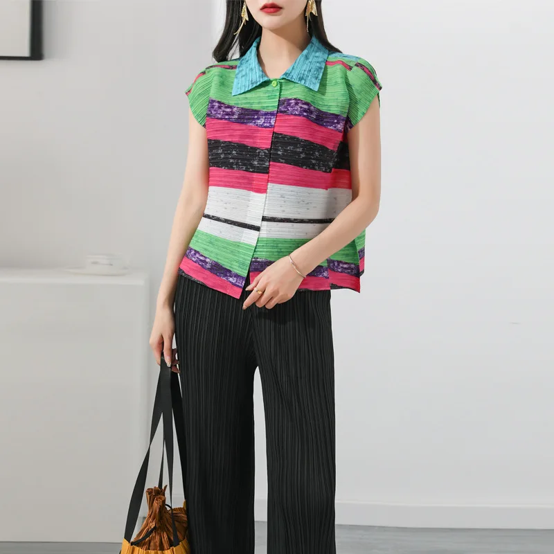 

Sanzhai Peplum Top Women's 2022 Summer New Printed Striped Color Matching One Button Blouse Collar Short Shake Clothes