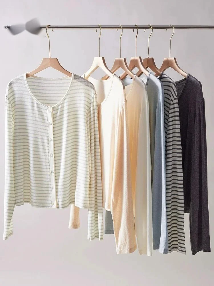 

Women's Acetate Linen Cardigan Silk Lyocell Thin Casual Cardigans Spring Autumn Simple Basics Shell Button Striped Top