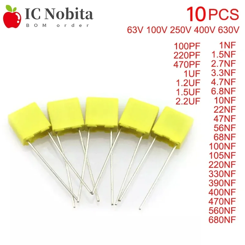 63V 100V 250V 400V 630V Polypropylene Safety Plastic Film 1NF~680NF 10NF 22NF 47NF 100NF 220NF 1.2UF 100PF Correction Capacitor