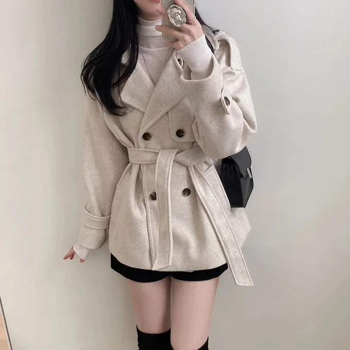 Chic Korean Style Autumn Winter Woolen Coat British Retro Double Breasted Belted Jacket Elegant Commute Loose Fit Long Sleeve