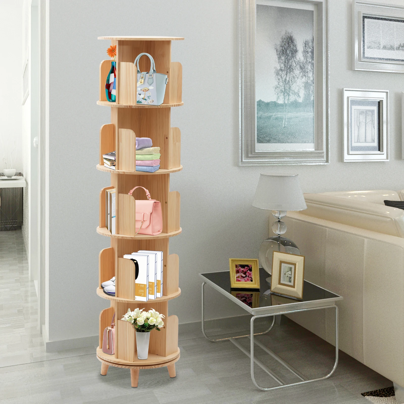 Solid wood rotating bookshelf bookcase floor simple student children picture book shelf book storage cabinet storage shelf