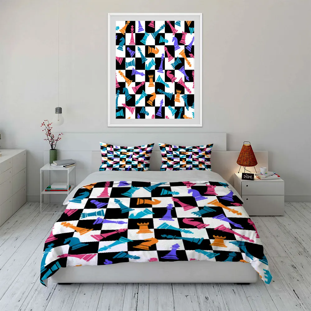 Chess Chessboard with colorful pieces Print Soft Comfortable Duvet Cover Bedding Set Included 1*Duvet Cover  2*Pillowcases
