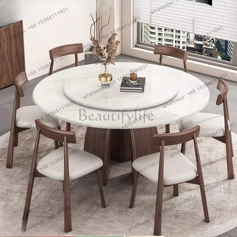 Natural ice jade luxury stone dining table retro style solid wood round table with turntable