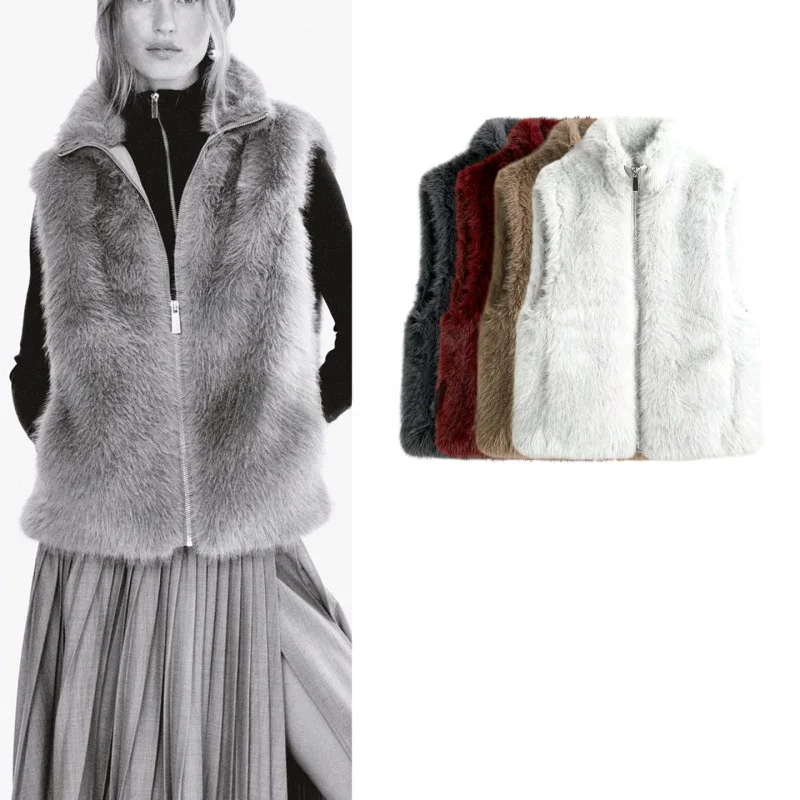 

Autumn New Arrival Women's Soft Furry Fabric Stand Collar Svel Vest Warm Casual Sle ort Length Zipper Closure