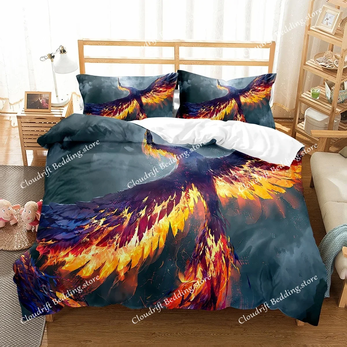 

Phoenix Duvet Cover Set King Queen Size for Kids Boy Girls Bedding Set Yellow Animals Pattern Polyester Quilt Cover with Zipper