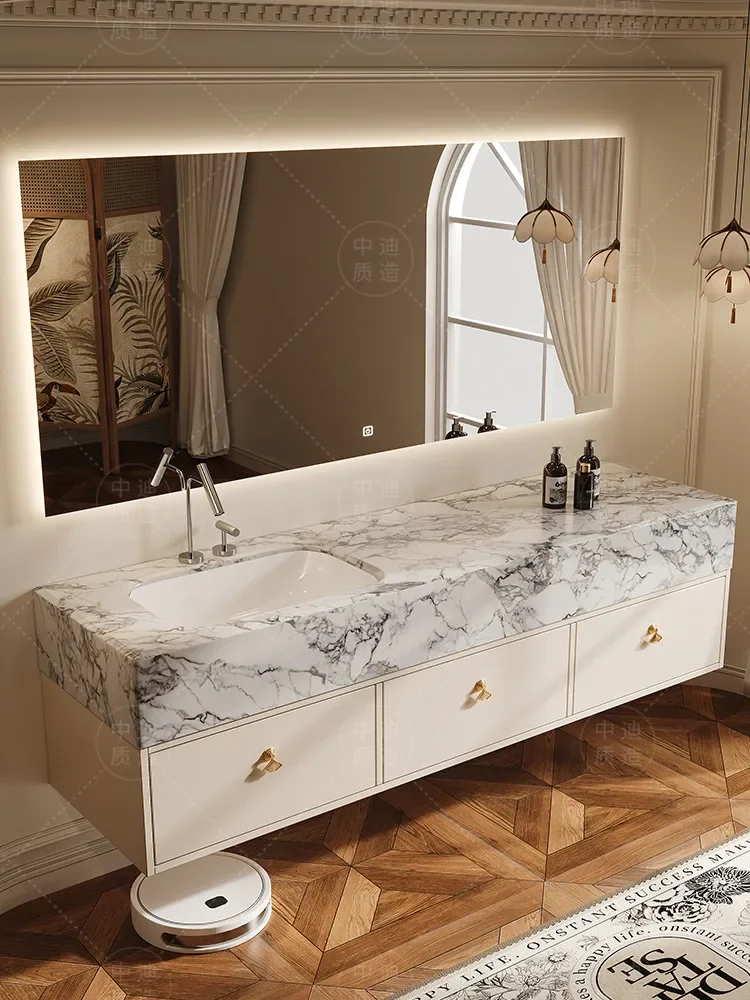 Luxury stone marble French bathroom cabinet combination bathroom wash table integrated basin hand wash face table high-end
