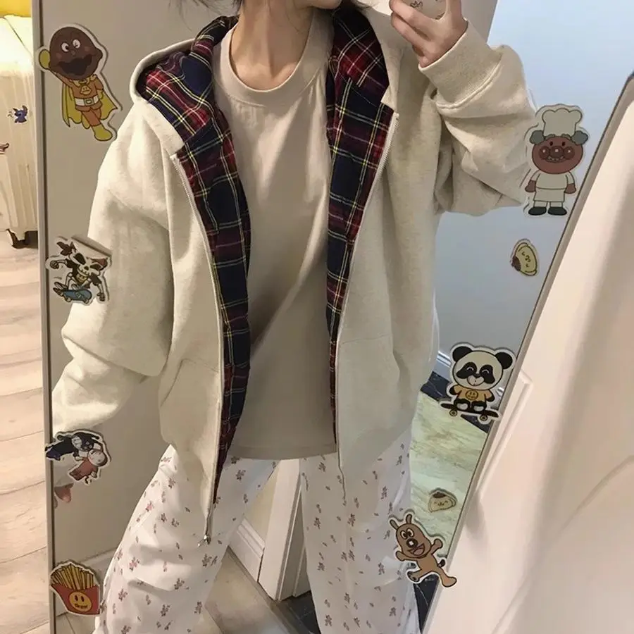 Women Vintage Plaid Patchwork Color Block Hoodie Jacket Autumn Winter Casual Cardigan Streetwear Hooded Sweatshirt Top - view 5