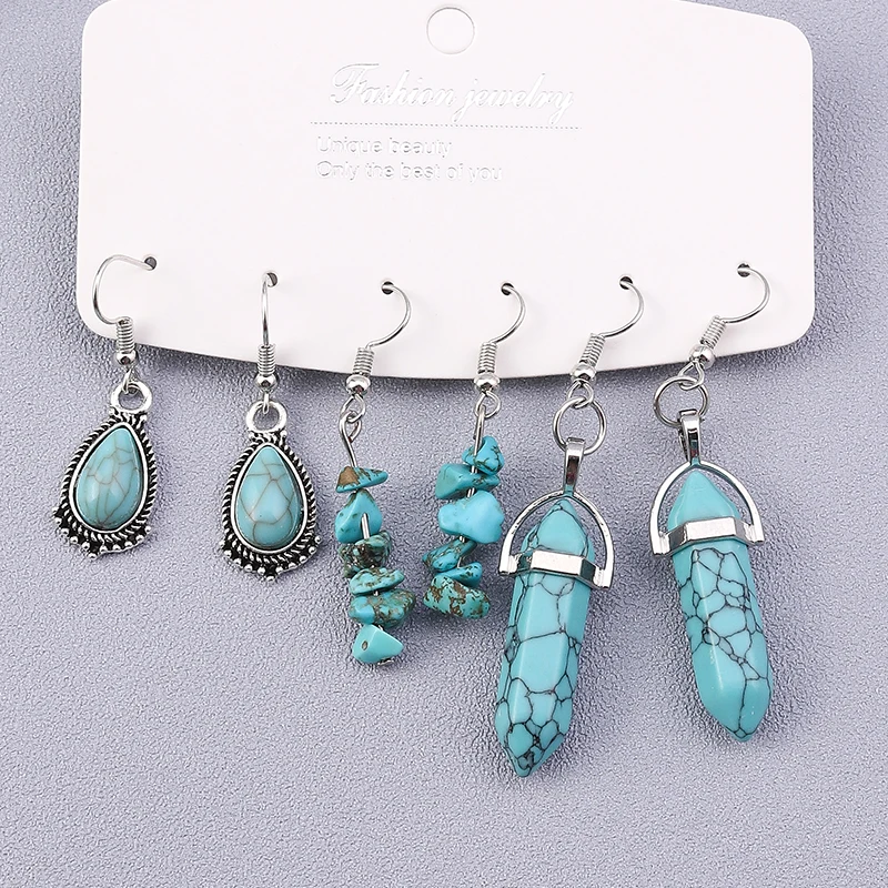 Frauen Ohrringe Sets Vintage Silber Überzogene Türkis Stein Tropfen Ohrring Böhmen Hexagonol Wasser Baumeln Ohrringe Schmuck Geschenke – Detail 4