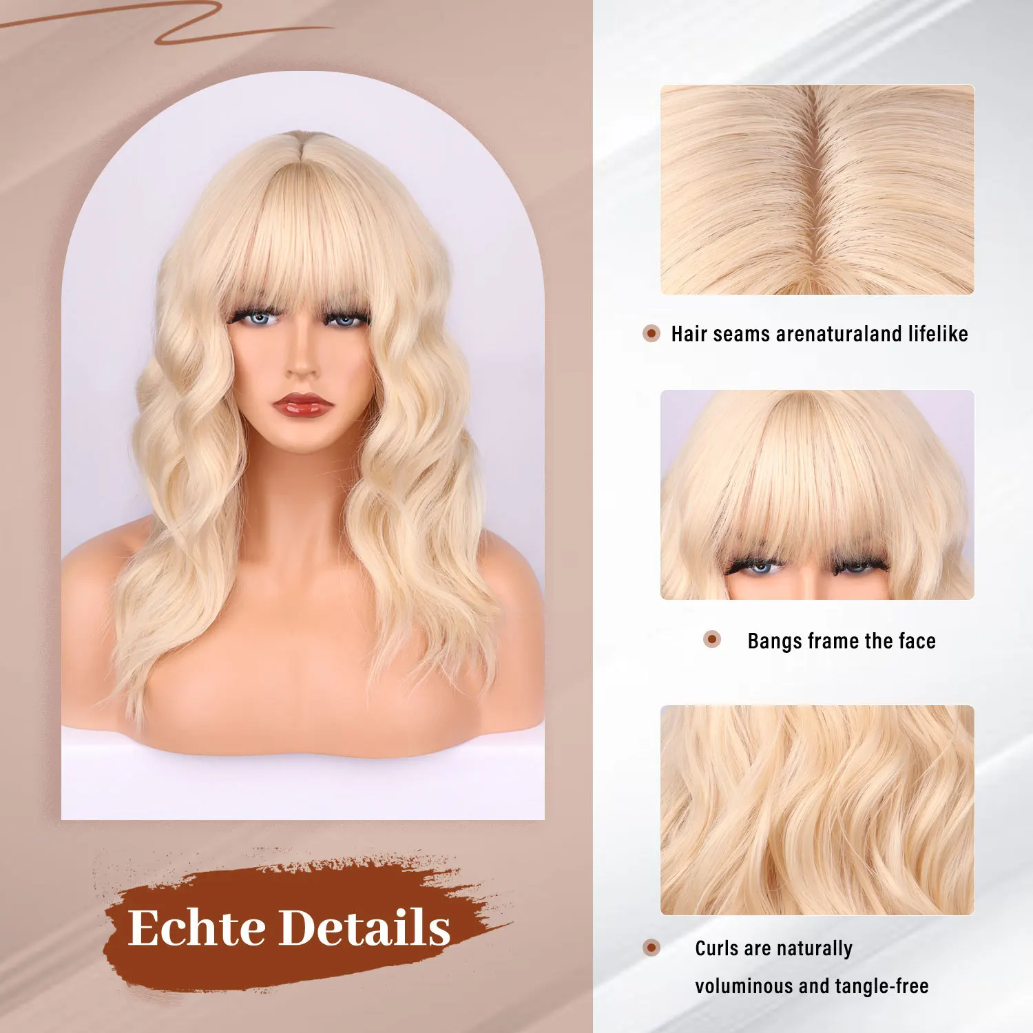 Synthetic Wigs Long Wavy Blonde Wigs with Bangs for White Women Cosplay Party Daily Use Wig Heat Resistant Fiber