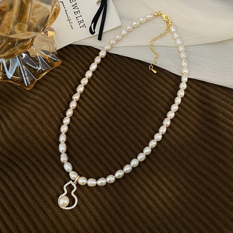 

Minar New Luxury 5-6mm Rice Freshwater Pearl CZ Zircon Hollow Bottle Gourd Pendant Necklaces for Women Gold Plated Chain Chokers