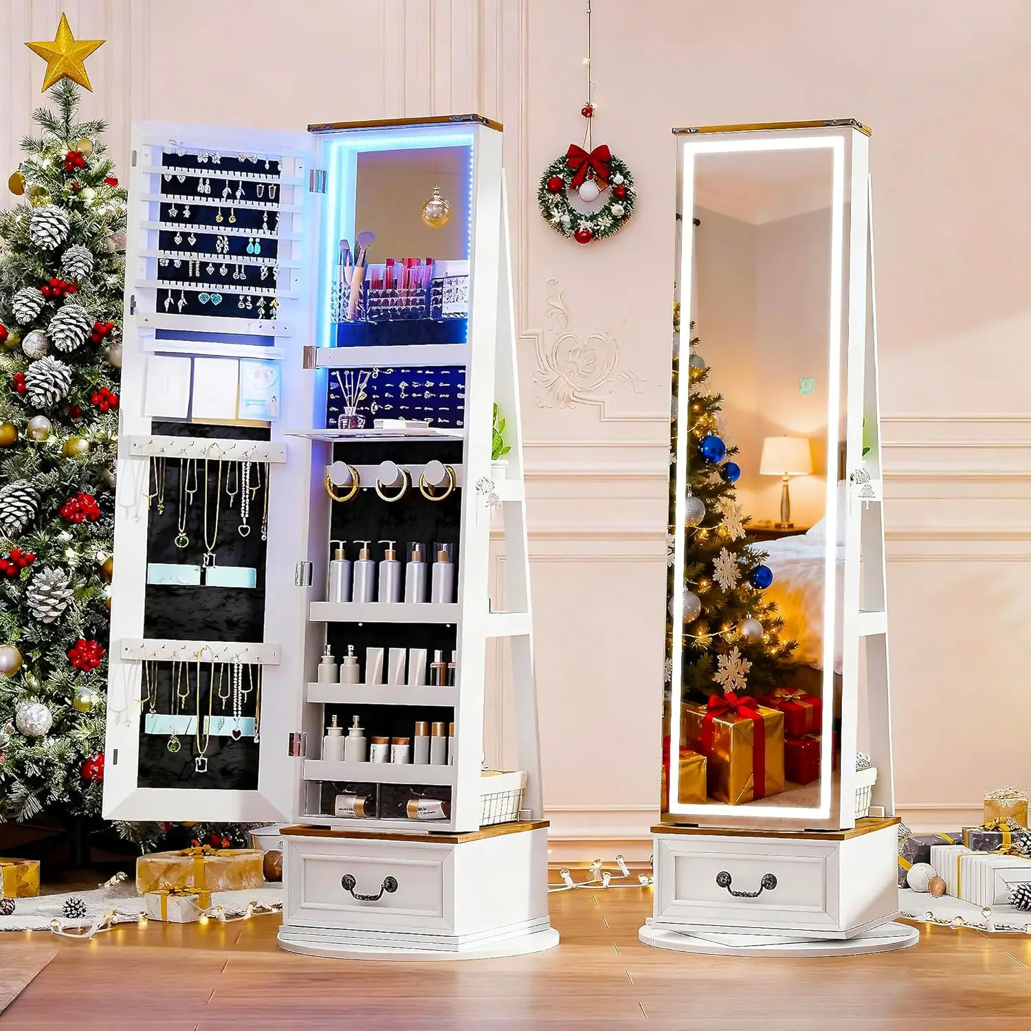 LED Mirror Jewelry Cabinet Standing, Jewelry Armoire Organizer with Full Length Mirror, 360°Swivel Mirror with, Customized