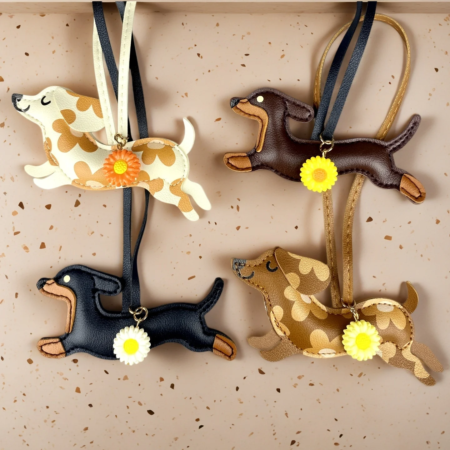 PU Leather Running Dachshund Keychain, Puppy Bag Charm With 