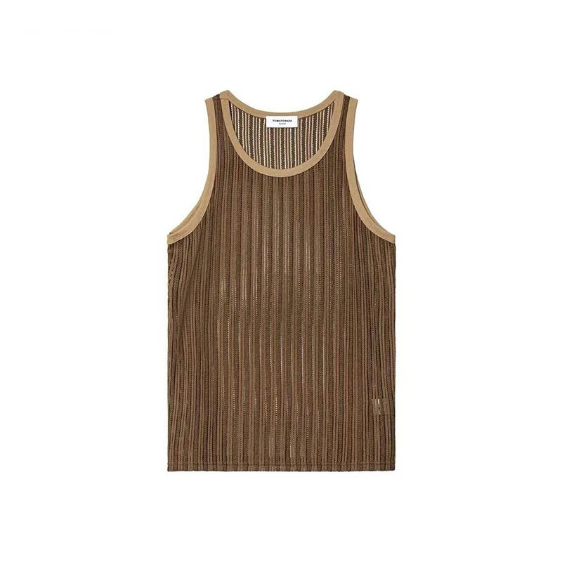 Men Extra Large American Retro Hollow Striped Mesh Tank Top Contrast Color Slim Fit Sleeveless T‑Shirt Summer Knit Streetwear