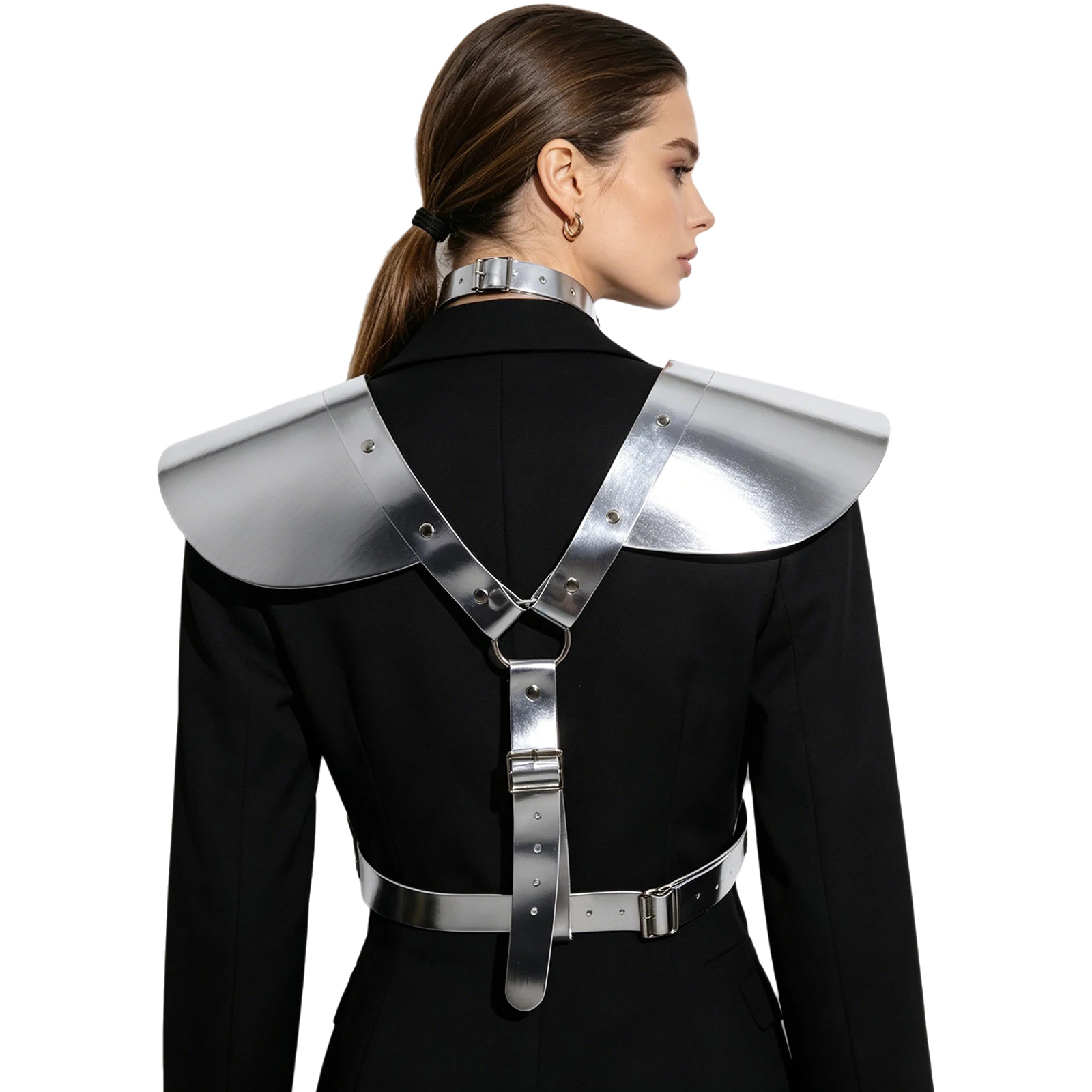 Womens Punk Gothic Body Belt Iridescent Metallic Chest Harness Top Fly Sleeve Hollow Out Adjustable Strap Corset Stage Clubwear