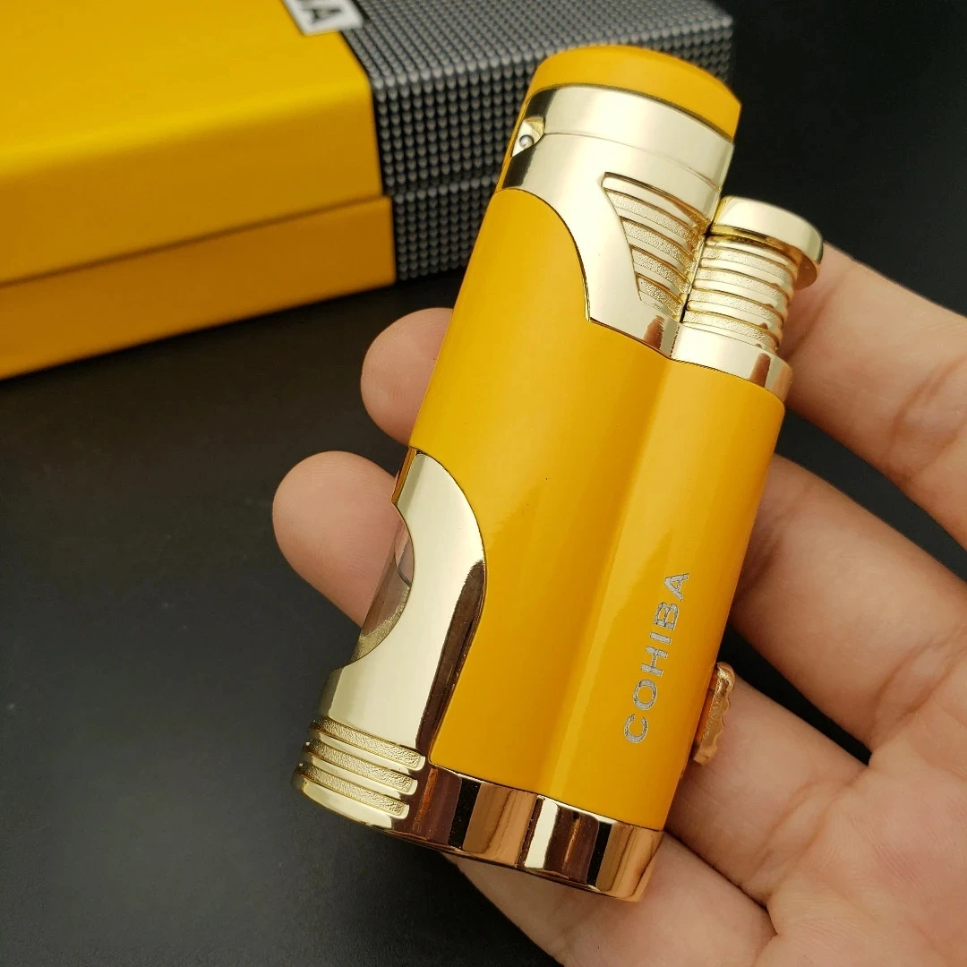 COHIBA Cigar Specific Double Direct Spray Inflatable Lighter With Cigar Scissors Metal Windproof Lighter High-End Gift