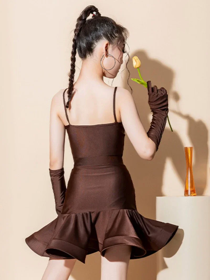 Koffie Kids Meisje Performance Latin Dance Grote Rok Zoom Training Rugloze Samba Chacha Rumba Professionele Wedstrijd Kostuum