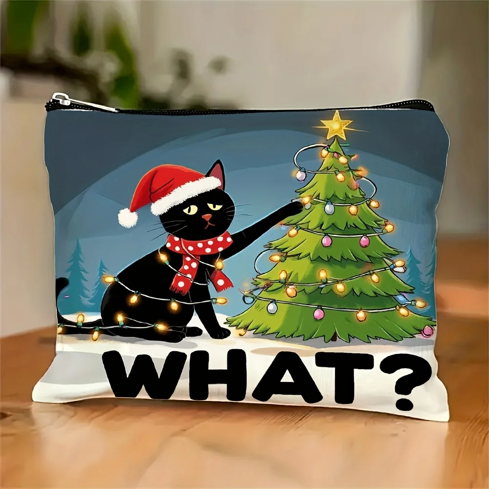 

A Black Cat Decorative Tree Print Makeup Bag- Multifunctional Zipper Pouch, Jewelry Storage Bag, Perfect Travel Zipper Small Sto