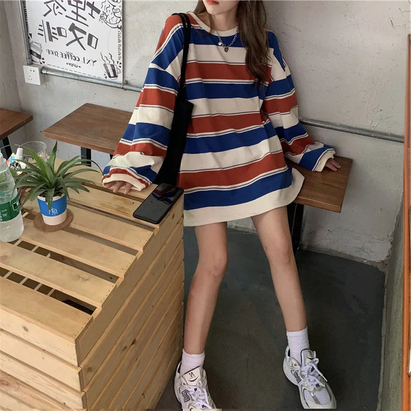 Hoodie bergaris Harajuku Fashion wanita, Hoodie lengan panjang musim semi dan musim gugur, Sweatshirt Hoodie katun Pullover mantel kasual