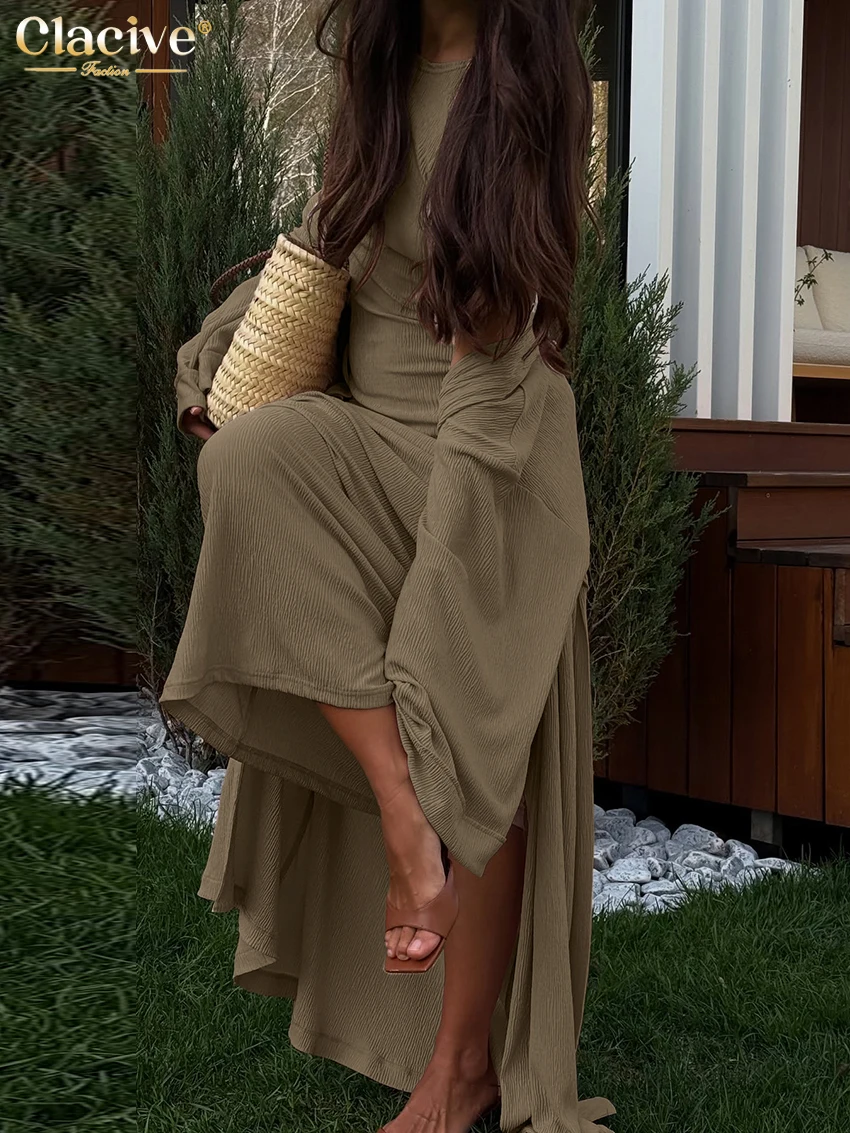 Clacive moda solta vestido brwon conjunto 2 peça mulher 2025 elegante manga longa roupões com sem mangas maxi vestidos conjunto feminino