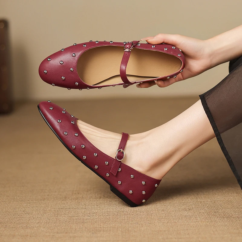 

Genuine Leather Studded Mary Jane Flats Round Toe Single Strap Flat Heel Vintage Ladylike Large Size 34-48 Shoes for Women