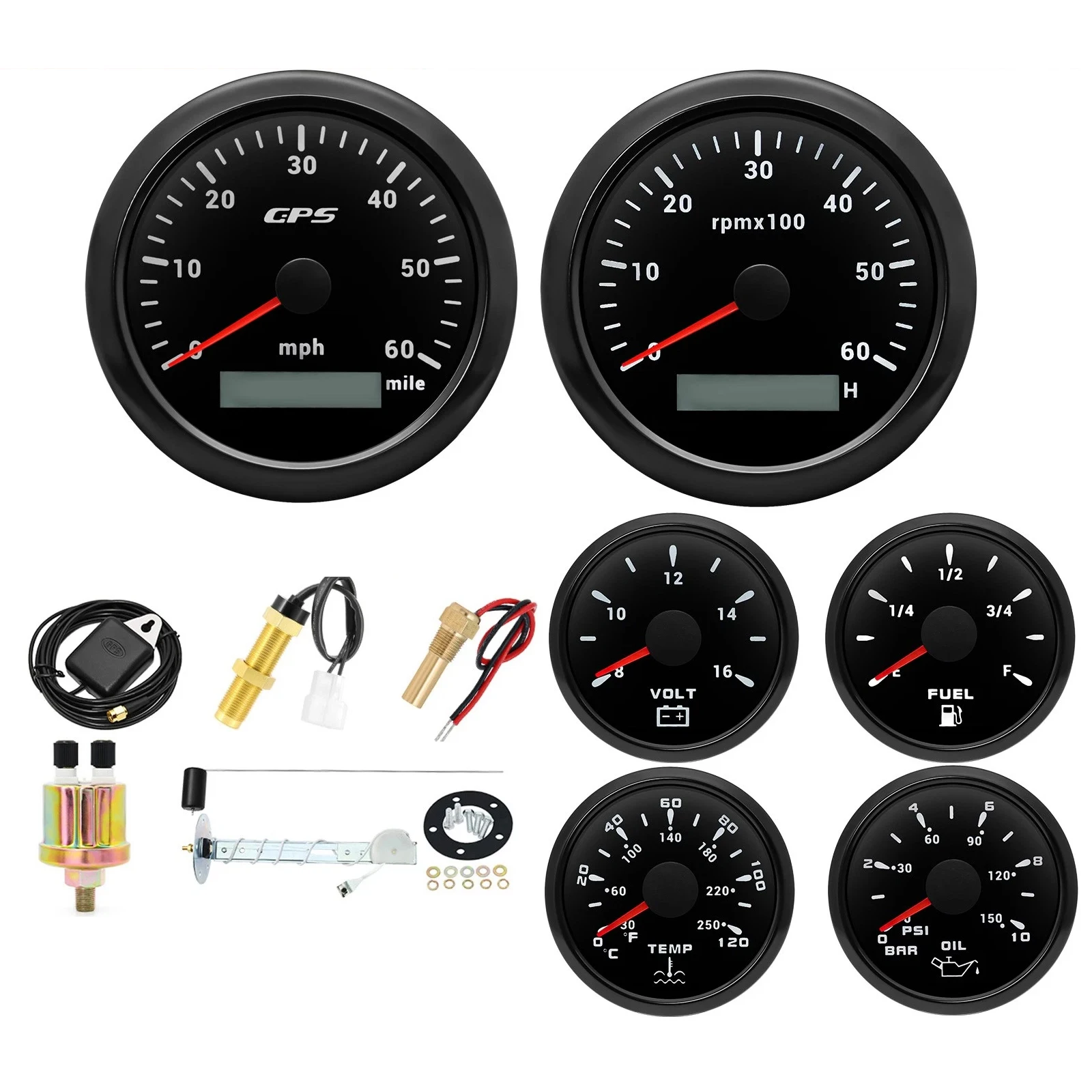 6 Gauge Set 85mm GPS Speedometer 60MPH&Tacho 6000RPM Gauge for Boat Car