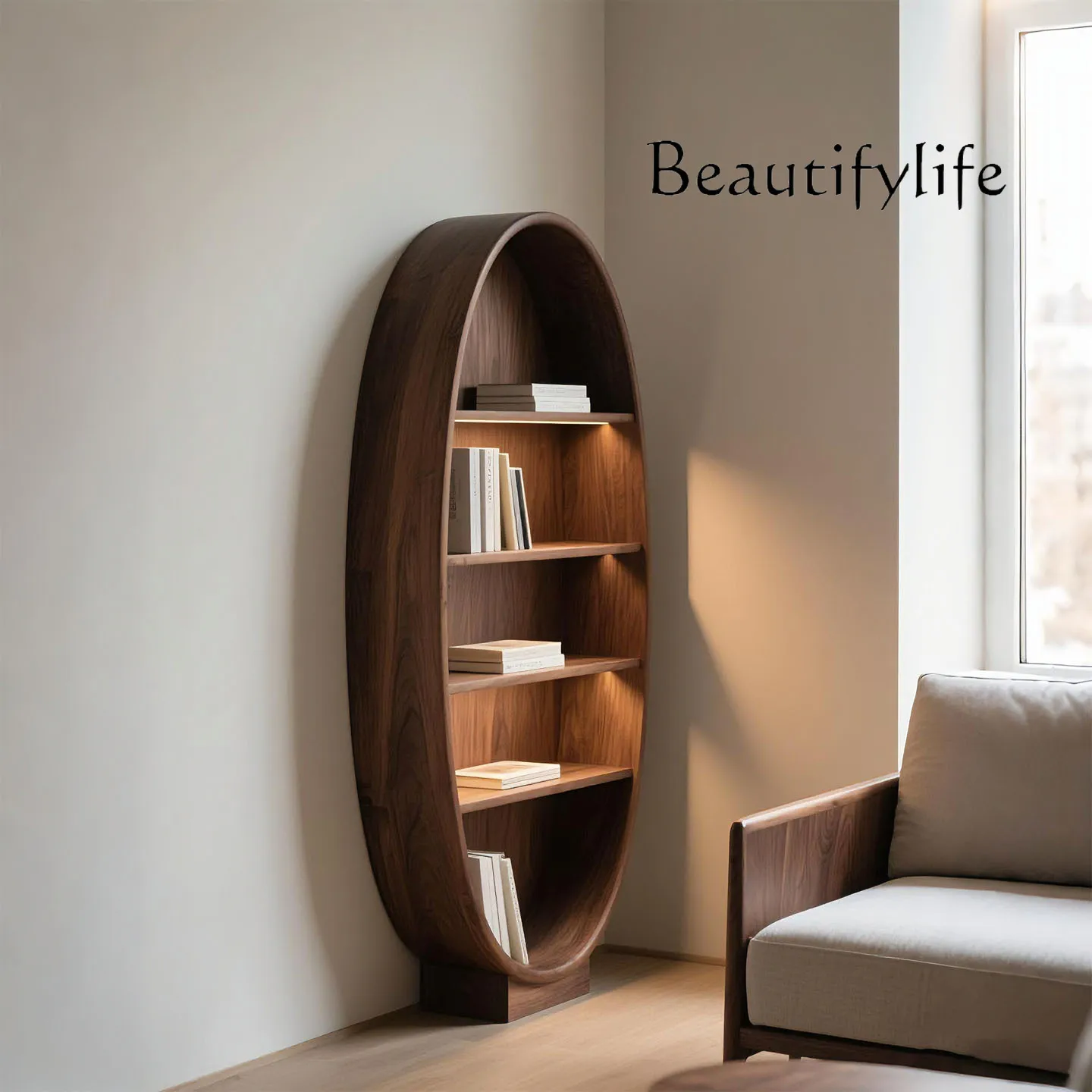 Black walnut bookshelf Modern simple light luxury oval display stand Living room design solid wood decoration