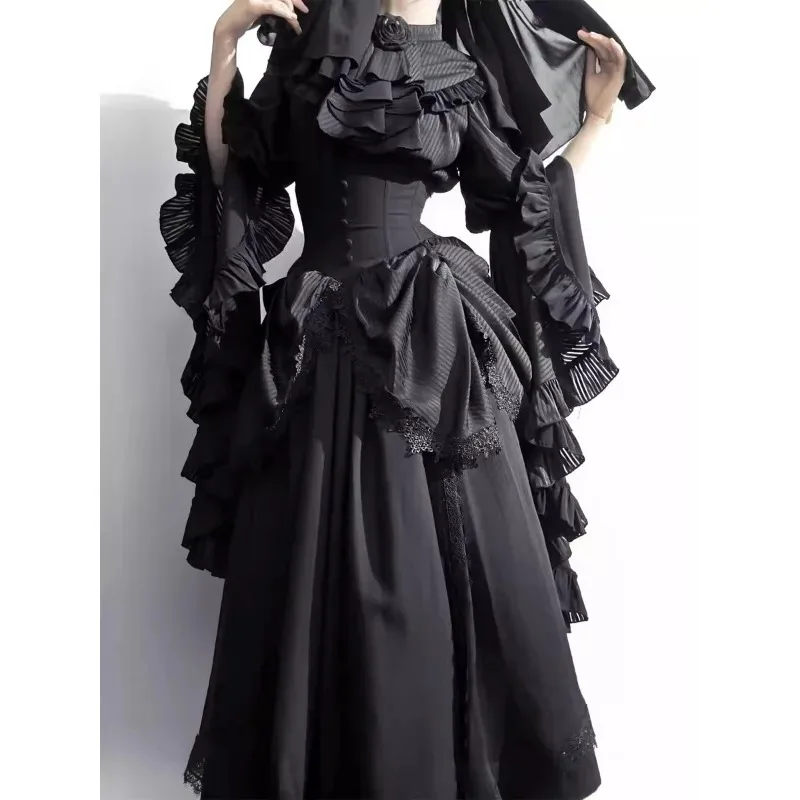 

Dark Gothic Lolita Dress Set Women Black and White Long Ji Sleeve Lace Shirt SK Fishbone High Waist Skirt Goth Lolita Cosplay