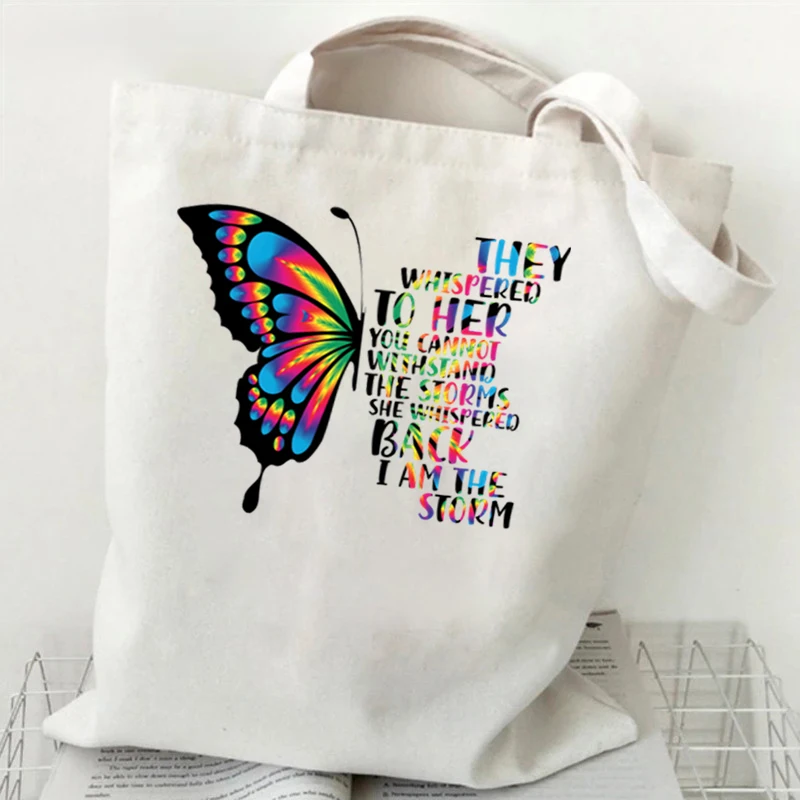 Dragonfly Whisper Words of Wisdom Let It Be Print Canvas Tote Bag Women Shopping Bags Student Shoulder Bag Cartoon Tote Handbag