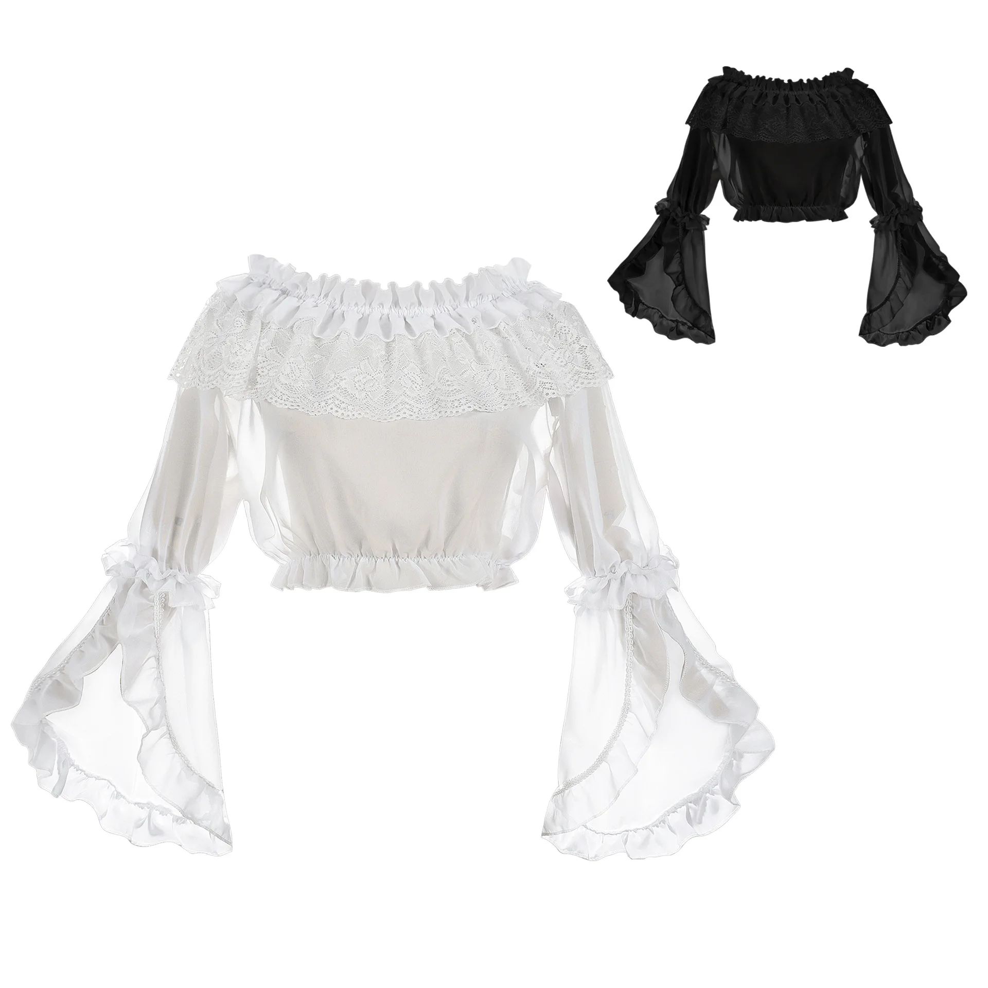 

Lolita Underbust Blouse Women'S Lace Long Sleeve Off-Shoulder Top with Princess Sleeves Halloween Slim Fit Cosplay Base Layer