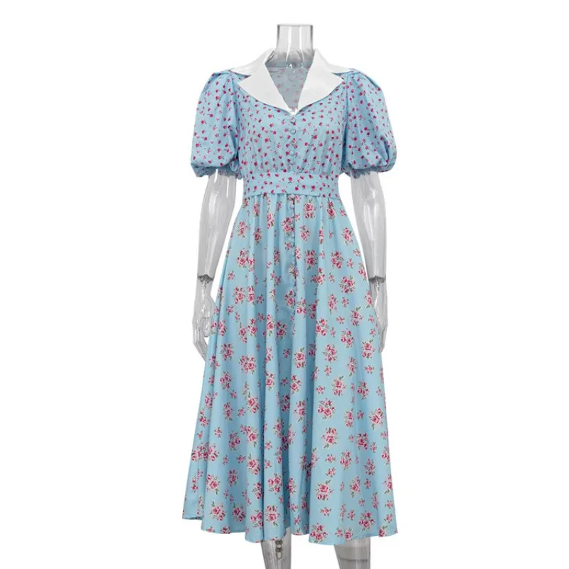 

Talenza Elegant Printed Dress Fashion Lapel Puff Sleeve Contrast Patchwork Pleated Dress High Waist Luxury Women Party Dresses