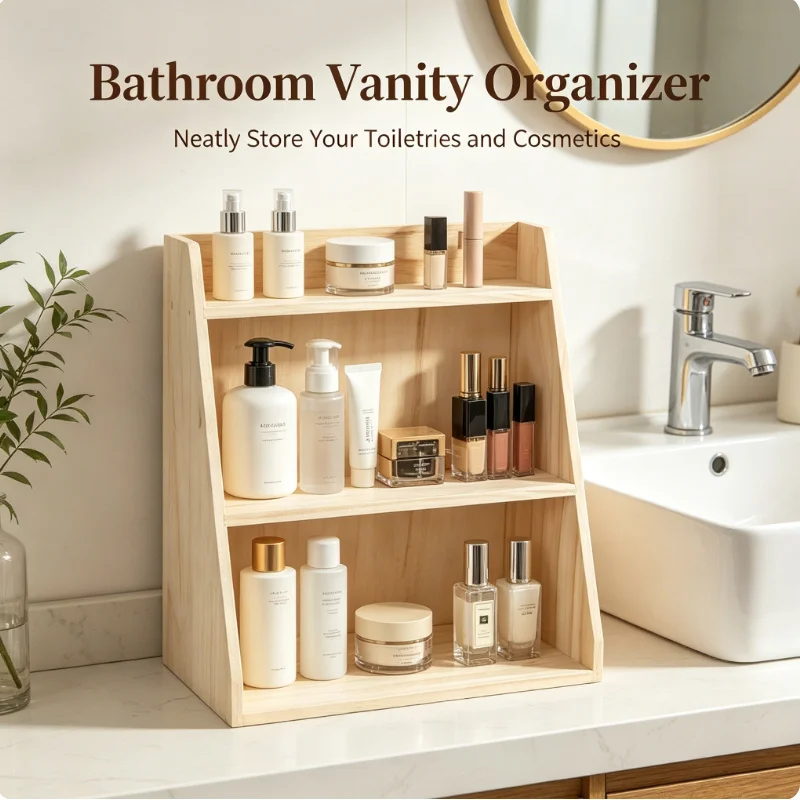

Retro Multi Layer Solid Wood Desktop Organizer Multifunctional Storage Holder for Makeup Cosmetics Cup Home Desk Decor