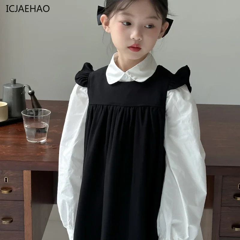 

2025 Children's Suit Autumn Girl's College Style Shirt Flying Sleeve dress suit Women's Treasure Vest Dress Two-Piece Set