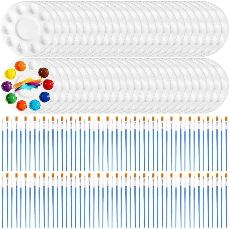 

HLZS-150 Pcs Painting Brushes Palettes Set, 50 Painting Palettes With 10 Wells, 100 Small Paint Brushes, For Acrylic DIY