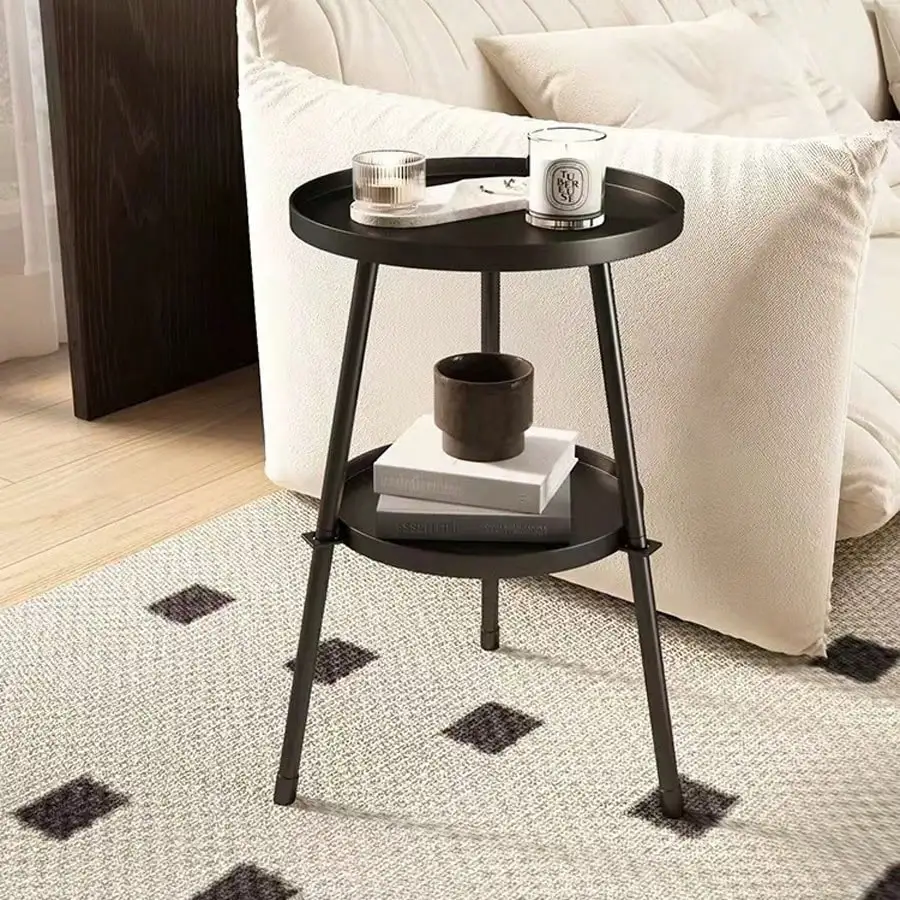 Modern Black Side Table Metal Double-Layered Sofa Side Table Night Stand 2 Tier Coffee Table For Living Room Bedroom