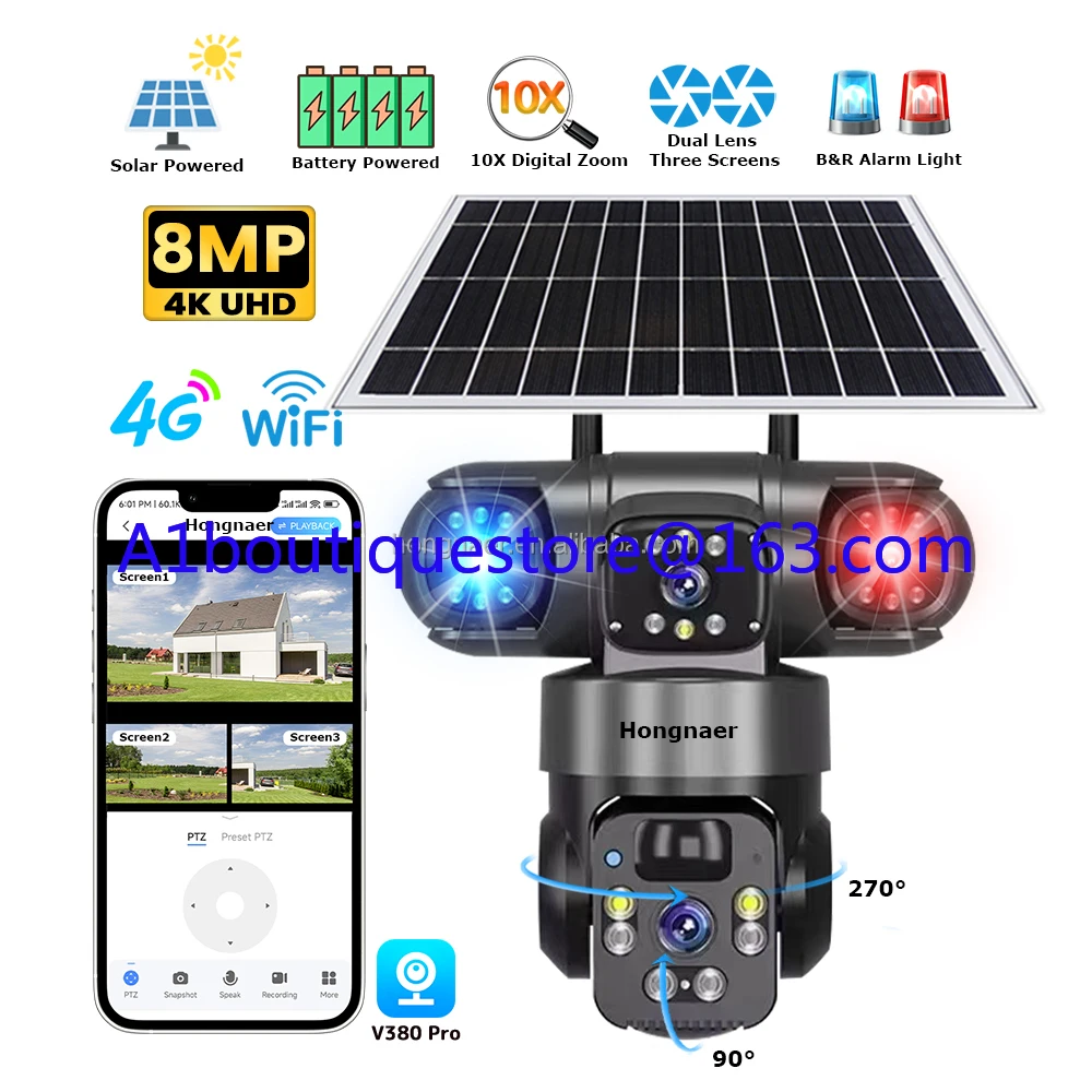 Hongna 8MP 3 Video Wireless Solar PTZ Camera V380 Pro 4k Dual Lens WiFi Outdoor 4g Sim Card CCTV Solar Security Camera