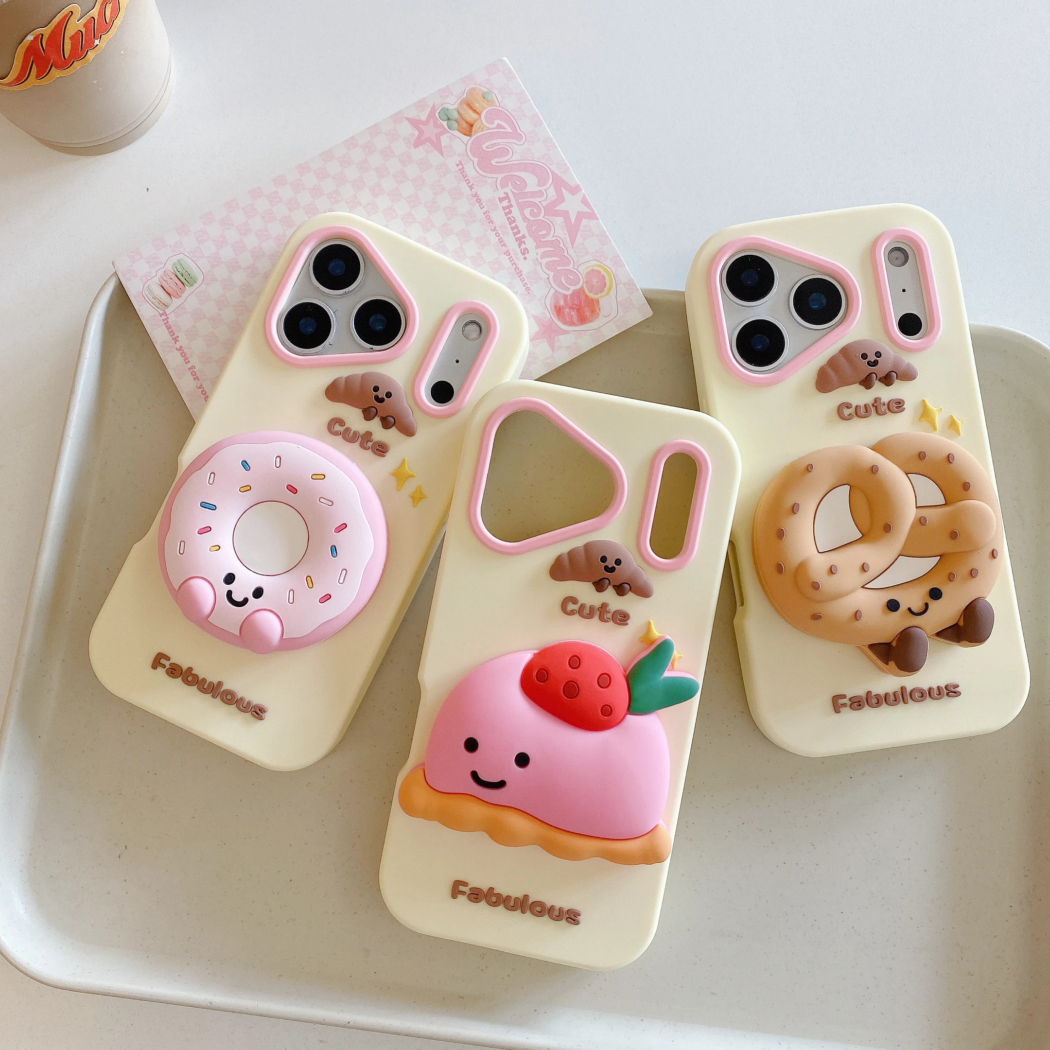 

For iPhone 17Promax,17pro,17 16 15 14 13Funny Mousse Cake, Bread Phone Cover,Cute Cartoon Soft Silicone Case,Telescopic Bracket