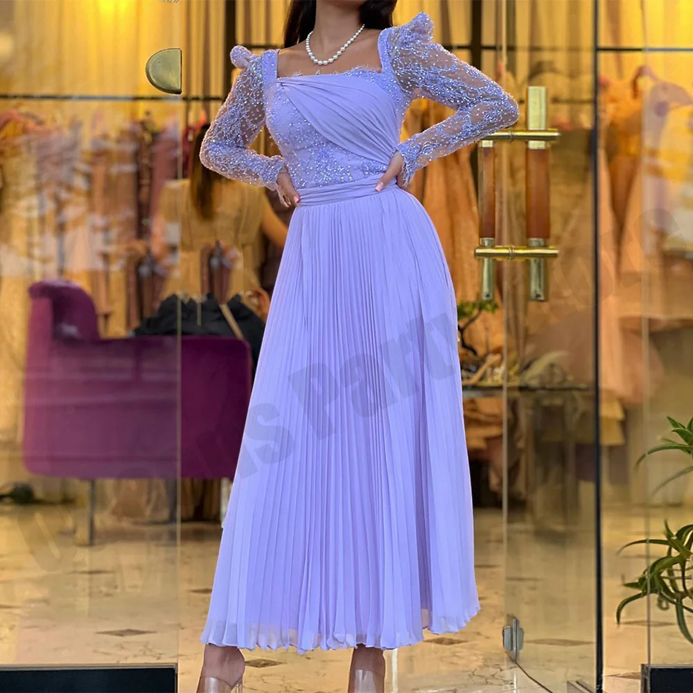 Lavender Chiffon Prom Dress Long Sleeves Square Neck Glitter Lace A Line Saudi Arabic Evening Dresses Tea Length Party Gown