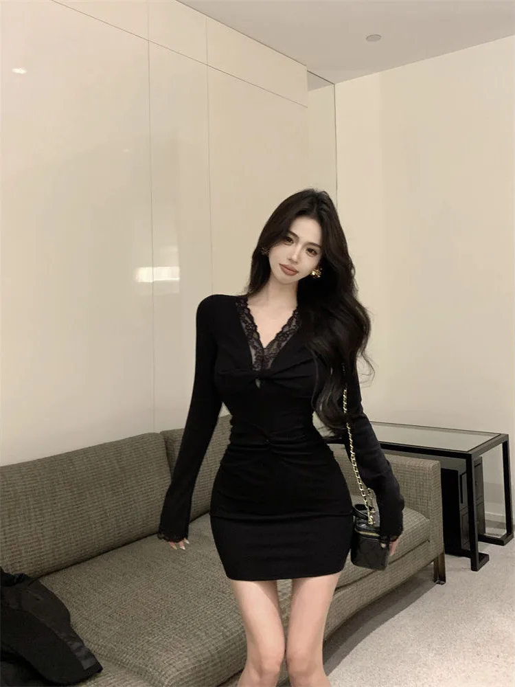

KING BRAND Lace Splice Long Sve V-ne Women's Slim Fold Waist Pure Desire Bodycon Skirt High Waist Wrap around Dr