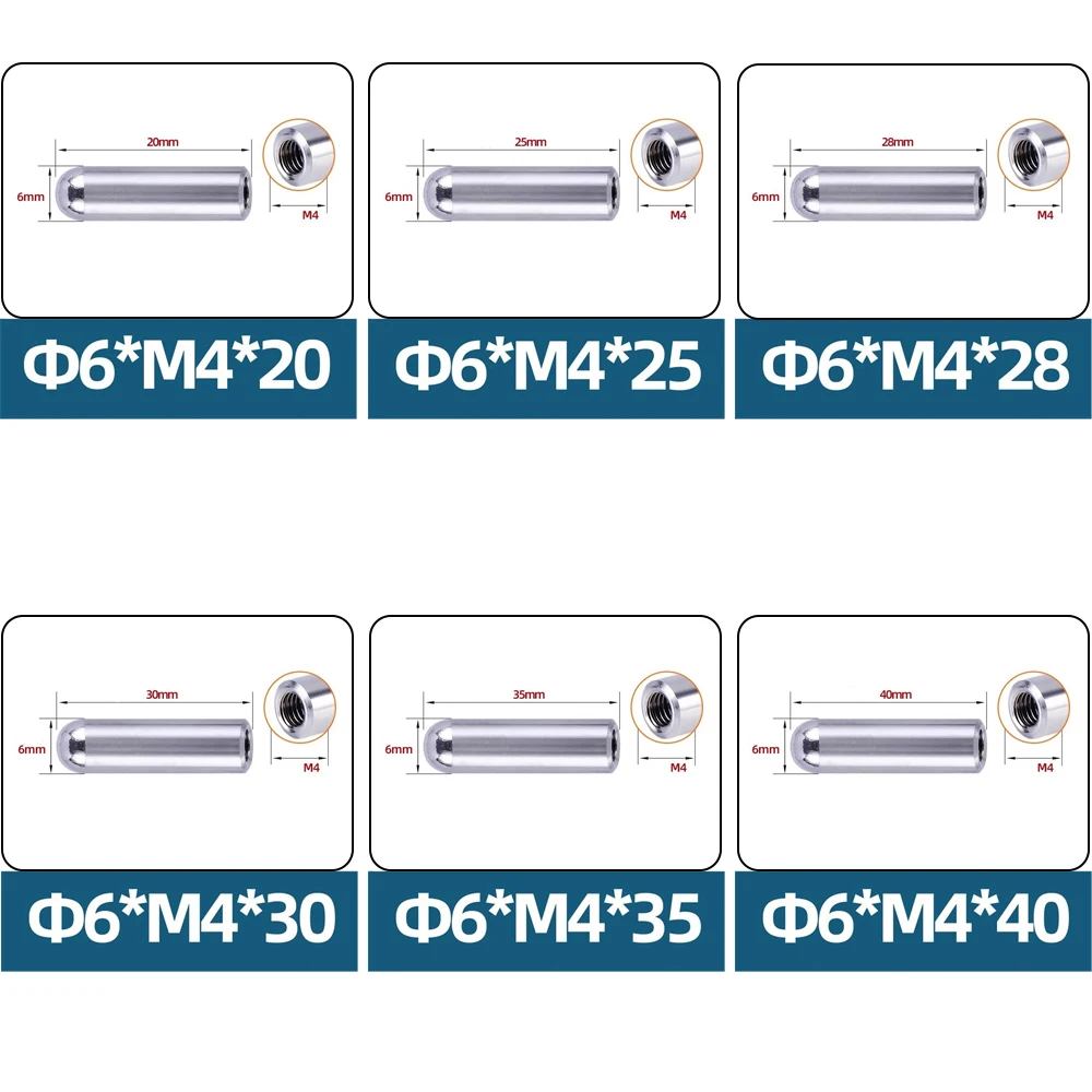 30/60PCS 304 SUS Internal Thread Dowel Pin Φ6 M4 Round Head Positioning Locating Cylindrical Pin 20/25/28/30/35/40mm Assortment