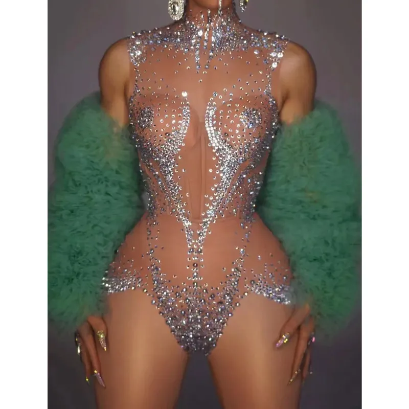 여성을위한 반짝 이는 라인 석 바디 슈트 섹시한 메쉬 투명한 공연 댄스 의상 가수 댄서 나이트 클럽 쇼 무대 착용