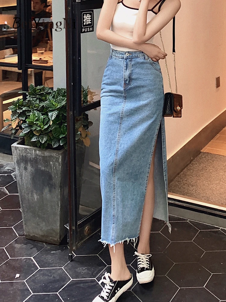 

Beiyingni 2024 Spring Summer Denim Skirt Women French Sexy Split Long Midi High Waist Bodycon Skirts Ladies Blue Casual Jupe