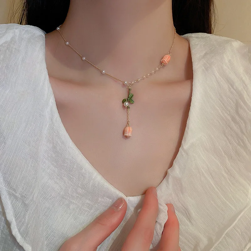 Punk What Necklace 2025 Korean Version New Pearl Bell Orchid Tassel Necklace Fashion Temperament Sweet Small Flower Necklace