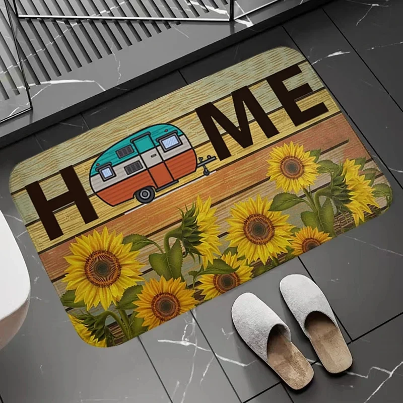 Happy Campers Entrance Door Mat Cartoon Camper Van Carpet Camping Theme Area Rug Kids Bedroom Living Room Bathroom Floor Mat