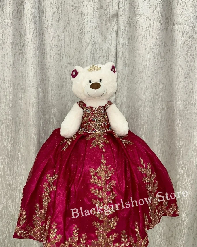 Red Quinceanera Teddy Bear Dress 2024 Luxury Halter Gold Applique Mini Quinceanera Dress