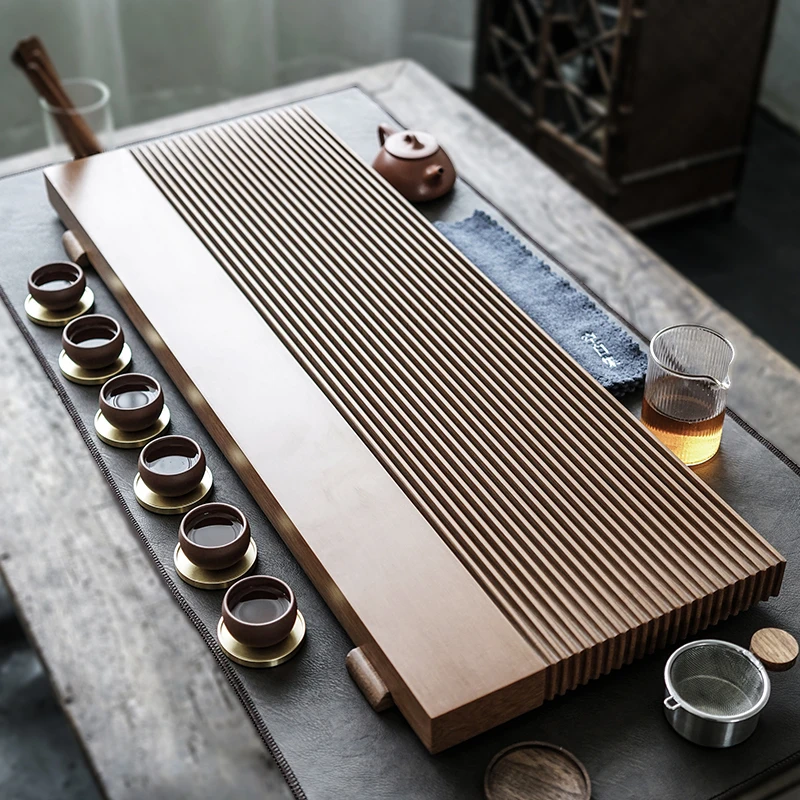 Electric wood tea tray, German household minimalist tea table, Kung Fu tea set, whole piece electric rubber wood rectangular Tai