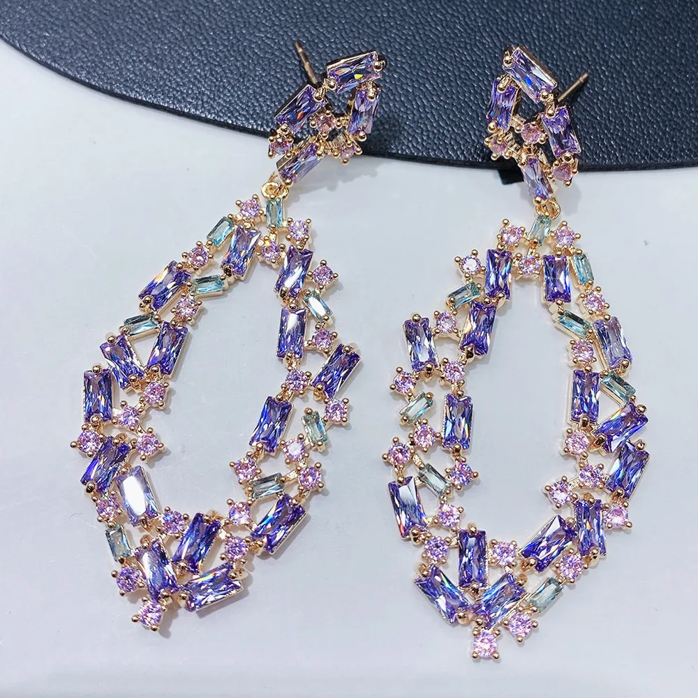 

Charm Romantic Luxury Pink Gorgeous Big Flowers Pendant Earrings For Women Wedding Party CZ Bridal Earrings Trendy Jewelry