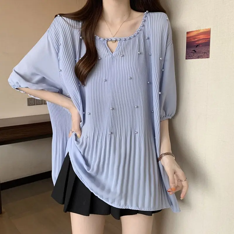 Summer New Loose Fashion Korean Simple Versatile Gentle Chiffon Short Sleeve T-shirt Women\'s Solid Round Neck Patchwork Thin Top